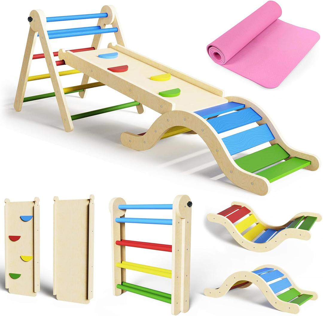 Pikler Triangle Set 7in1 Toddler Climbing Toys Indoor Foldable Baby Climbing Toys Wooden Montessori Climbing Set with Arch, Ramp, Ladder for 1-3 Years, Jungle Gym for Kids Colored