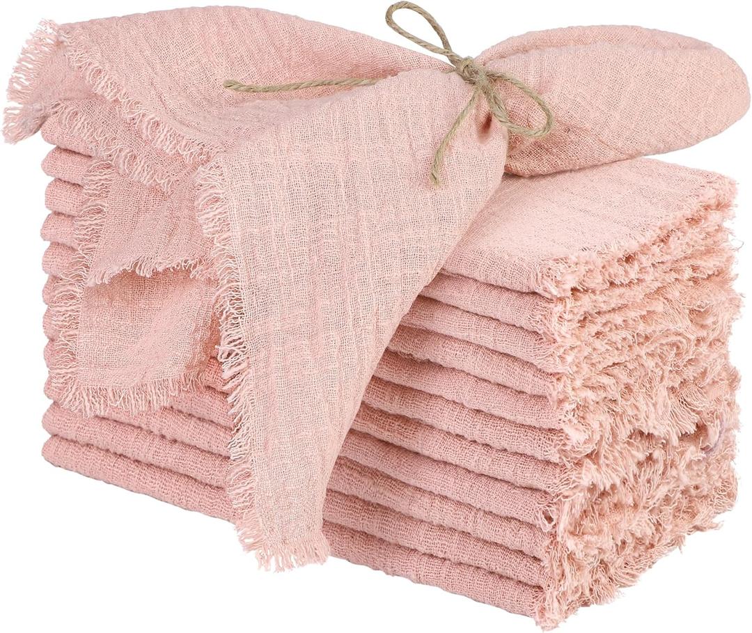 TURSTIN 12 Pieces Cotton Linen Cloth Napkin Handmade Cloth Napkin with Fringe 17 x 17 Inch Soft Cloth Dinner Wedding Napkin Square Rustic Fringe Napkin for Dinners, Parties, Weddings, Dusty Pink