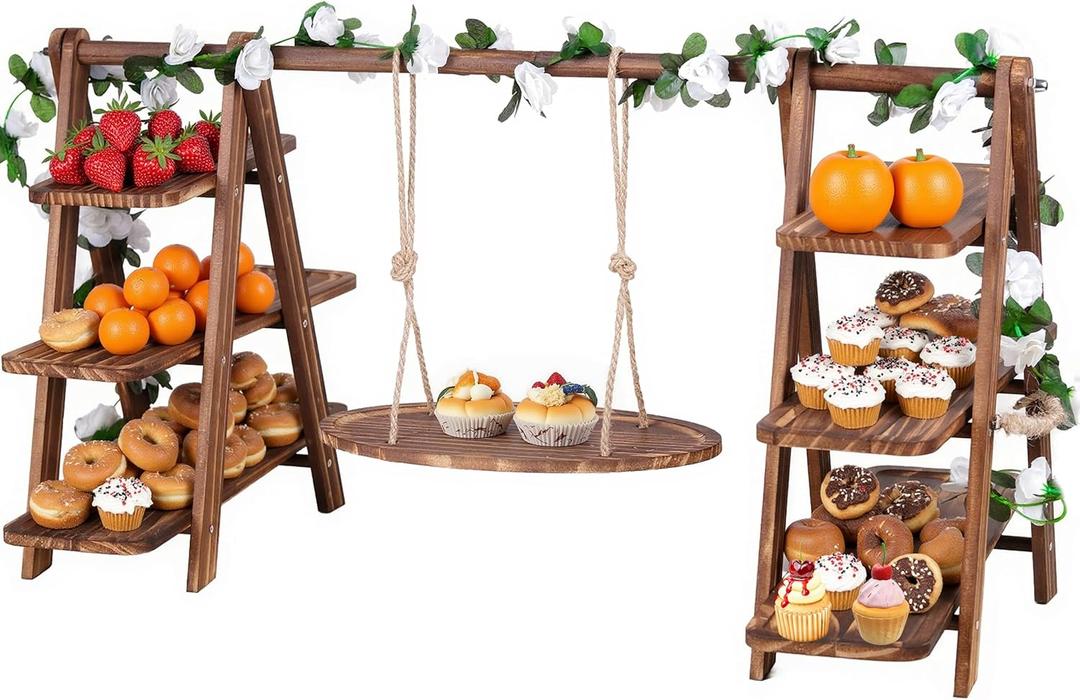 Wooden 3 Tier Cupcake Stand with Swing and Foldable Stand  Wood Dessert Display, Cupcake Swing Stand, Charcuterie Board, Serving Tray Set, Rustic Wooden Food Display for Parties