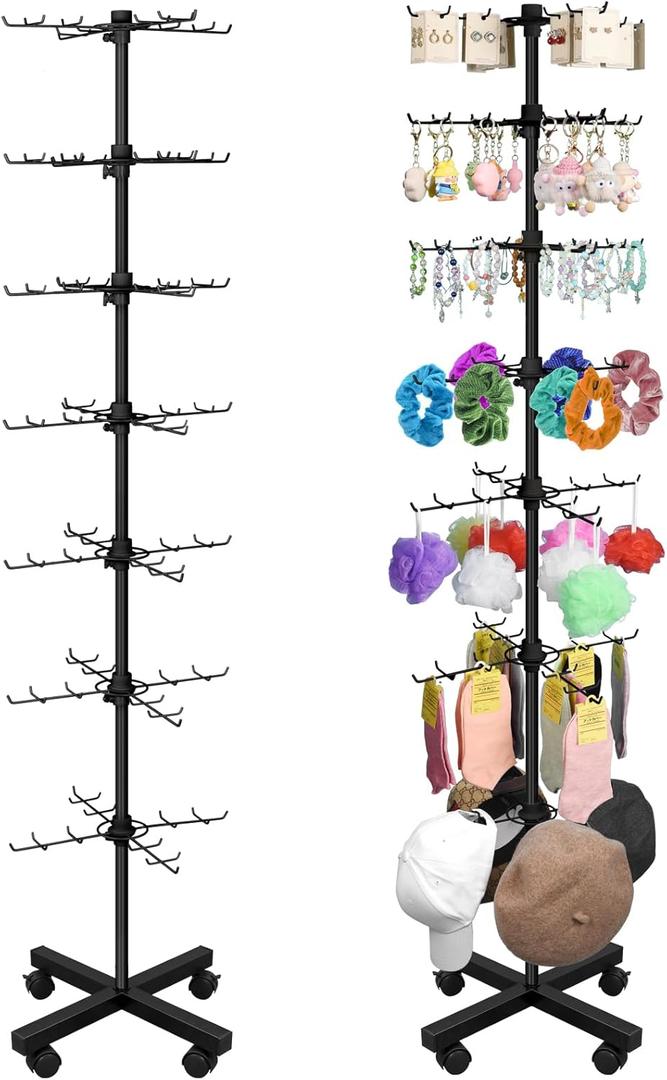 Retail Display Stand 7-Tier Rotating Jewelry Display for Vendors, Movable Shop Spinner Rack with 140 Metal Hooks, Earring Keychain Stand for Retail Store Craft Fair-Black