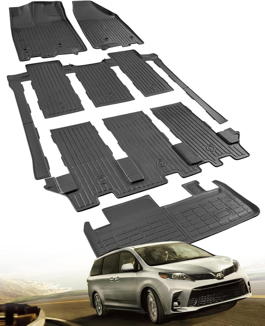 TAPTES ONLY 7 PassengerAll Weather Floor Mat for Toyota Sienna 2013-2020 | 3 Row Liner Full Set Car Liner | 5PCS Rubber Carpet Interior Accessories 2020 2019 2018 2017 2016 2015 2014 2013