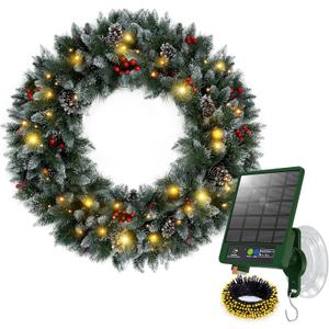 Solar Wreath with 150 LEDs, 36 inch Outdoor Christmas Wreath with 8 Lighting Modes, Suction Cup Hooks or Compatible with Wreath Hanger