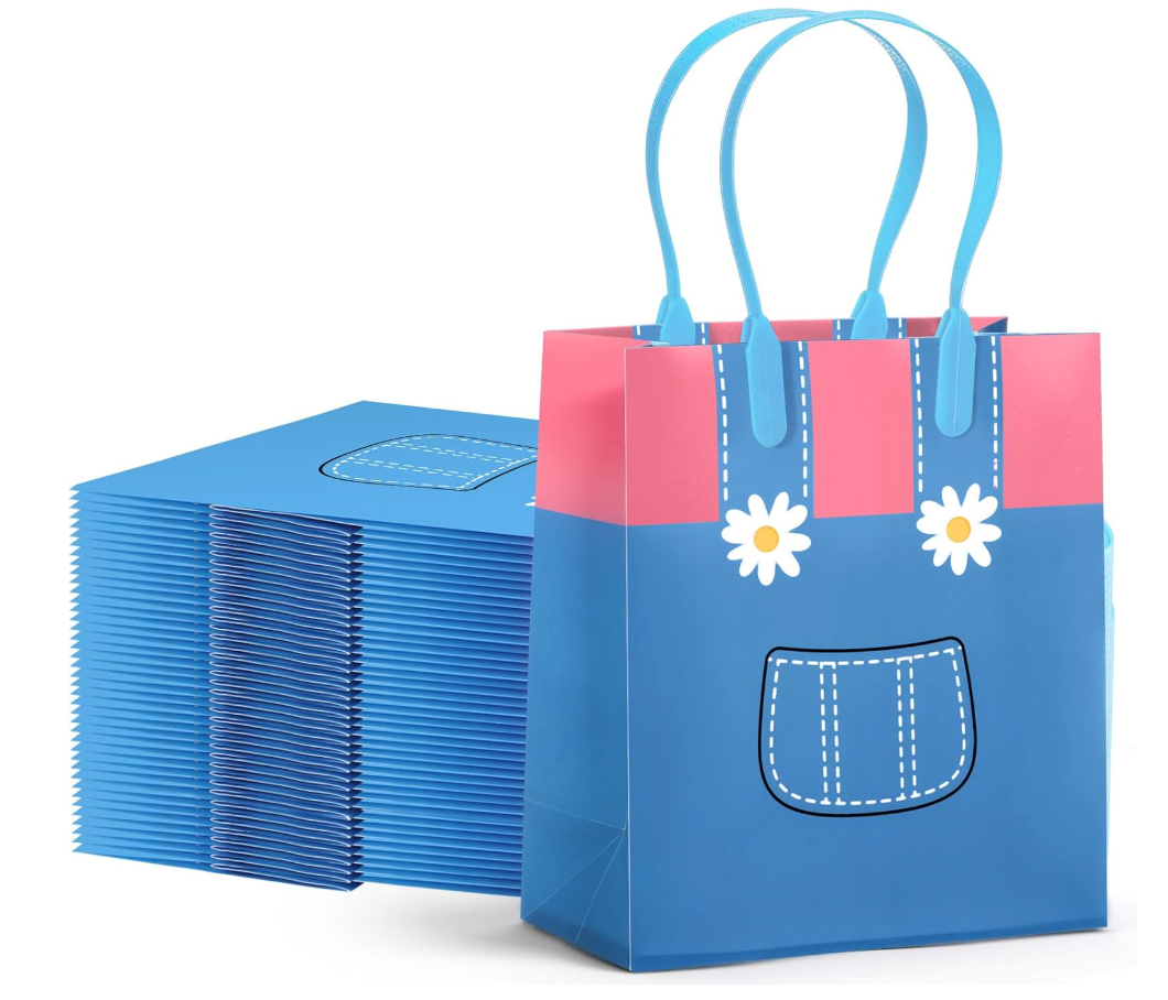 Sadnyy 24 Pcs English Teacher Gift Bags Birthday Party Favors Goodie Bags with Handles Girls Party Decorations Pink Blue Overalls Pattern Cartoon for Birthday Classroom Decor Baby Shower