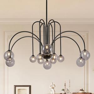 Modern Black Chandeliers Mid Century 12 Lights Sputnik Chandelier Large L52 Smoke Glass Globe Pendant Light Fixture for High Ceiling Foyer Staircase Living Dining Room