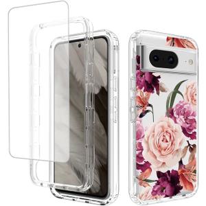 Case for Pixel 8 Case, Google 8 GKWS6 G9BQD Case with Tempered Glass Screen Protector, Full Body Cute Floral Bumper Shockproof Protective Phone Case Cover for Google Pixel 8 Purple Flower