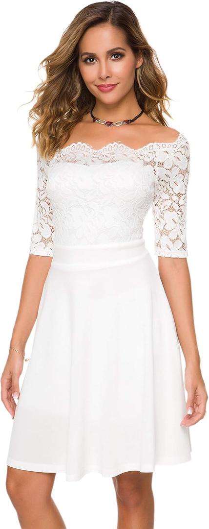 Atnlewhi Womens Vintage Lace Off Shoulder Puffy Swing Dresses Sexy Mini Dress for Party Cocktail, Swing-White, XL