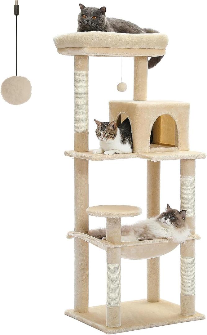 PETEPELA 56.3 Inches Multi-Level Cat Tree Cat Tower with Sisal Covered Scratching Posts, Comfort Condo, Extra Large Hammock and Plush Perches Beige (56 Inches, Beige)