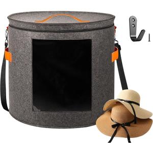 kushon Oversized Hat Storage Box for Women & Men19" D x 17" H Cowboy Hat Boxes with 1 Wood Hook Felt travel Round Hat Organizer Box with Dustproof Lid (Gray)