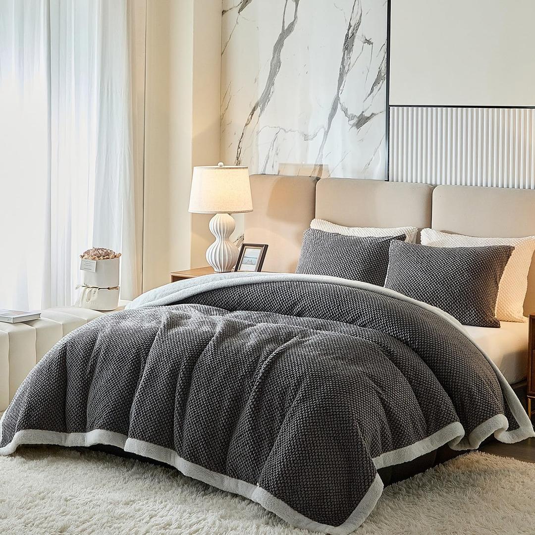 Luxury Flannel Fleece Sherpa Blankets Queen Size for Bed, Jacquard Boho 3-Layer Thick and Warm Blanket for Winter, Soft Cozy Fuzzy Plush Velvet Blanket with 2 Pillow Cases, Grey, 88x88 Inches