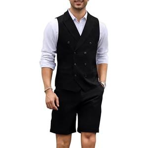 Autrl Men's 2 Piece Suits Slim Fit Wedding Suit Set Groomsmen Beach Vest Shorts Set Casual Waistcoat Set for Men, Black, L