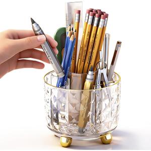 GOTOBA 360 Rotating Pencil Holder for Desk, Makeup Brush Holder with 6 Slots, Desk Organizer for Writing Utensil, Office and School Supplies (Transparent)