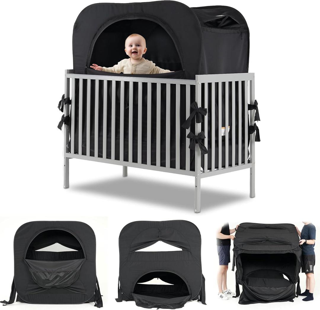 Poray Pop up Baby Privacy Bed Tent Sleeping Crib Tent Cover for Toddler,Blocks 80% Light with Monitor and Fan Pouch Design with Zipper Doors,Breathable Mesh Windows (Black) (52 * 28.3 * 51 inches)