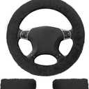 3 PCS Fluffy Steering Wheel Cover Set, 15'' Furry Car Wheel Cover, 2 Seat Belt Shoulder Pads, Anti-Slip Fur Steering Wheel Cover, Winter Warm Fluffy Car Accessories for Women, Black