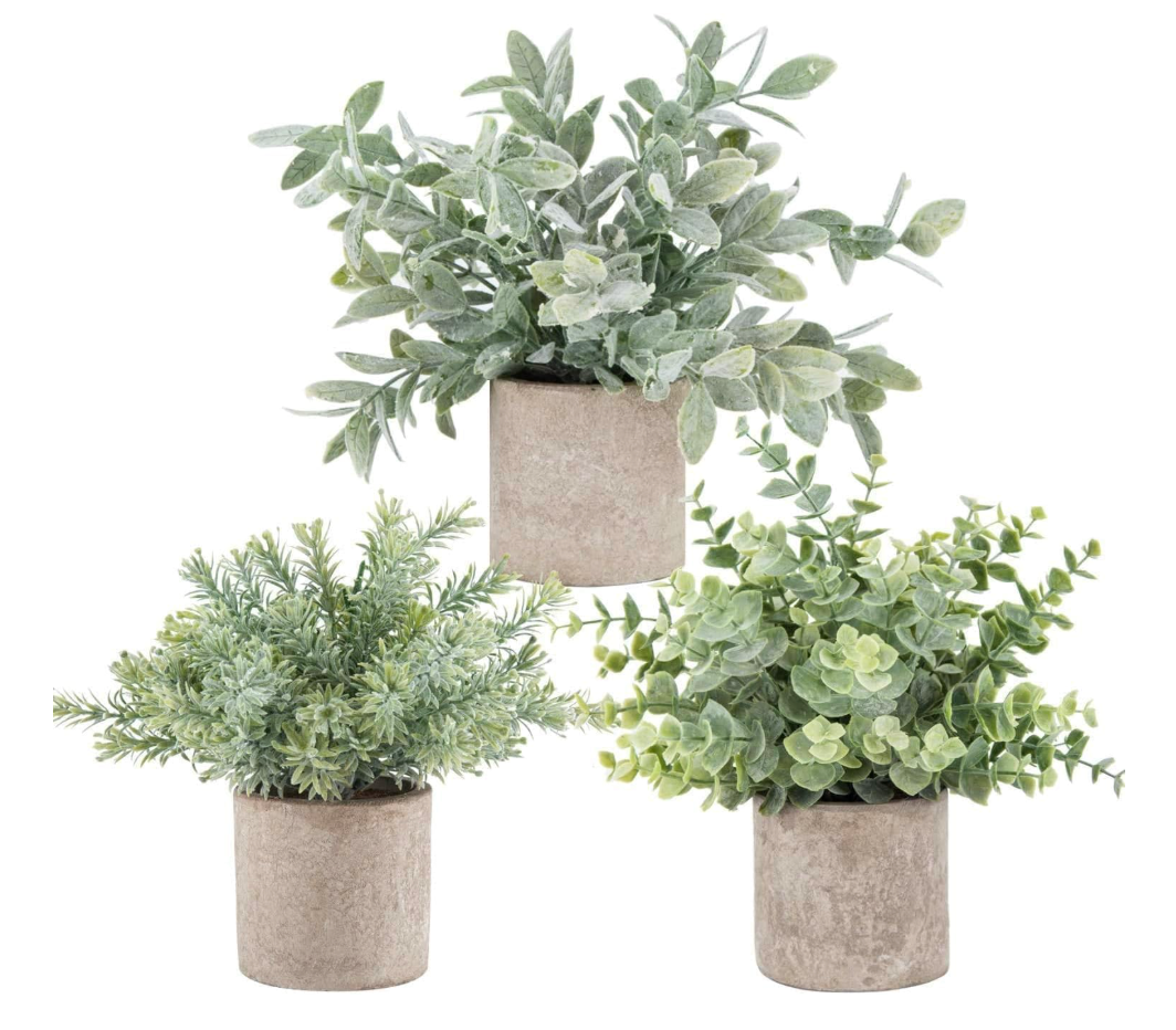 Der Rose 3 Pack Mini Potted Fake Plants Artificial Plastic Eucalyptus Plants Topiaries for Home Office Desk Farmhouse Shelf Room Bathroom Decor(Green)