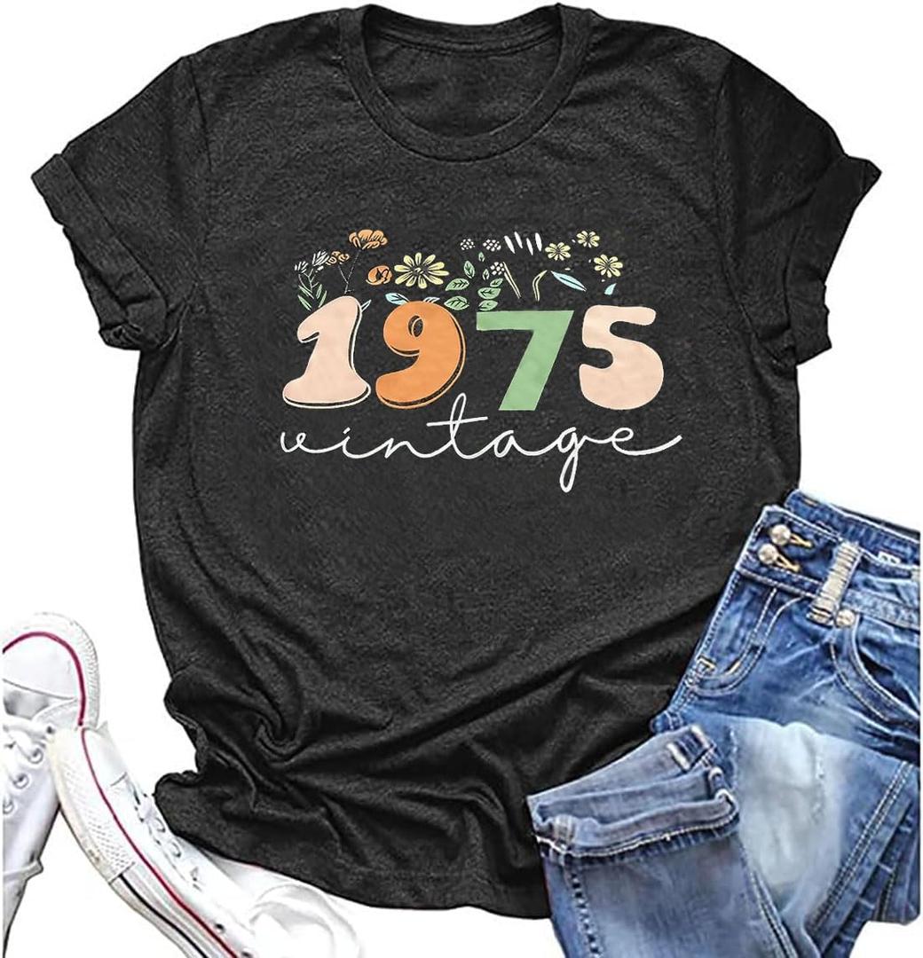 Vintage 1975 T-Shirt for Women 50th Birthday Gift Shirts Funny Flower Graphic Retro Birthday Casual Tee Tops (S)