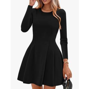 PRETTYGARDEN Long Sleeve Mini Dress for Women 2026 Spring Crewneck Knit Pleated Babydoll A Line Casual Short Party Dresses S