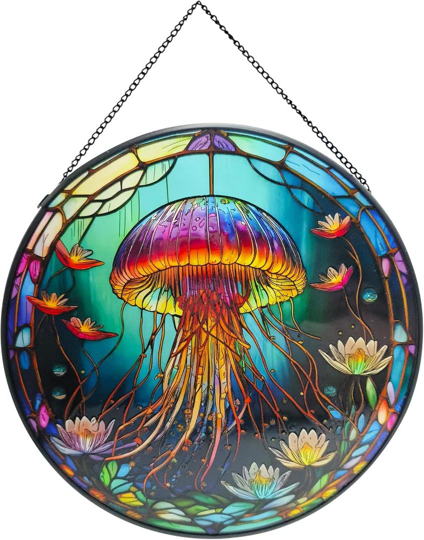 ZZHAOYI Colorful Jellyfish Stained Glass Window Hanging Ornament, 7.9'' Dreamy Sea-Life Inspired Design for Home Decor, Jellyfish Sun Catchers Gift for Son Daughter Girlfriend