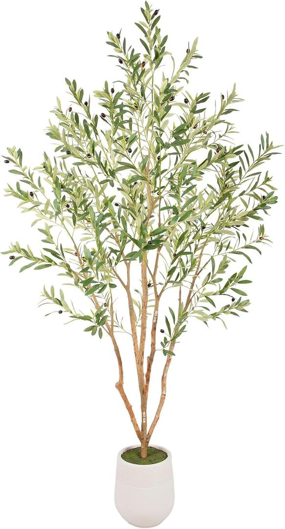 Bellacat 7ft Super Fuller Faux Olive Tree with White Decorative Planter & Multiple Real Wood Trunks, 84in Artificial Olive Tree with Realistic Fruits, Fake Olive Tree for Indoor & Outdoor Dcor