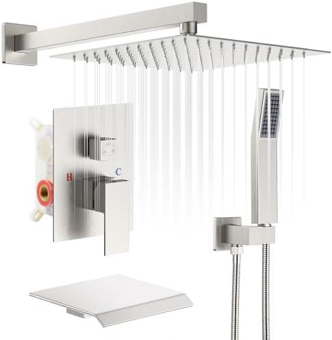 HGN 10 Inches Bathroom Rain Shower Combo Set Wall Mounted Rainfall with Tub Spout Brush Nickel Shower Head System Rough-in Valve Body and Trim Included