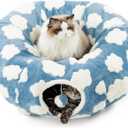 Lesure Cat Tunnel Bed for Indoor Cats - Cute Cat Donut Tunnel Toys for Small Large Cats with Washable Circle Cushion, Round Pet Peekaboo Cave Toy for Kitten/Puppy/Rabbit, Standard Cozy Clouds Blue