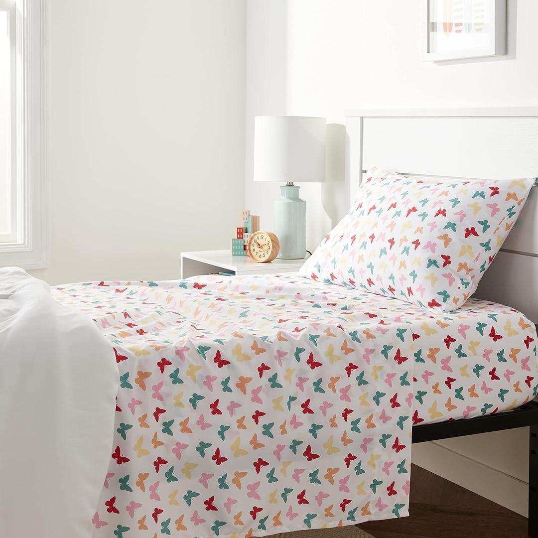  Kid's Soft Easy-Wash Microfiber 3-Piece Sheet Set, Twin, Multi-Color Butterflies, Butterfly Friends, Printed