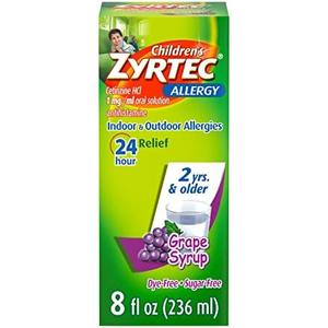 Zyrtec 24 Hour Children's Allergy Syrup with Cetirizine HCl, Antihistamine Allergy Medicine for Indoor & Outdoor Allergy Relief for Kids, Dye-Free & Sugar-Free, Grape Flavor, 8 fl. oz