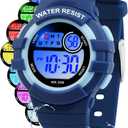Juboos Kid's Digital Watch for Boys and Girls, Waterproof LCD Digital Sports Kids Watch with 7 Color LED Lights, Stopwatch, Alarm (Dark blue)