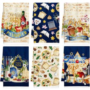 Passover Kitchen Towels Set of 6, Jewish Pesach Seder Plate Star of David Hand Towels Dish Towels for Kitchen Bathroom Festival Holiday Party Dining Passover Decorations 16x24 Inches