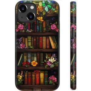 for iPhone 14 Case Cute - Wireless Charging Compatible - Dual-Layer Hard Shell + Silicone Cover - Aesthetic Protective Trendy Phone Case for Women - Floral Library