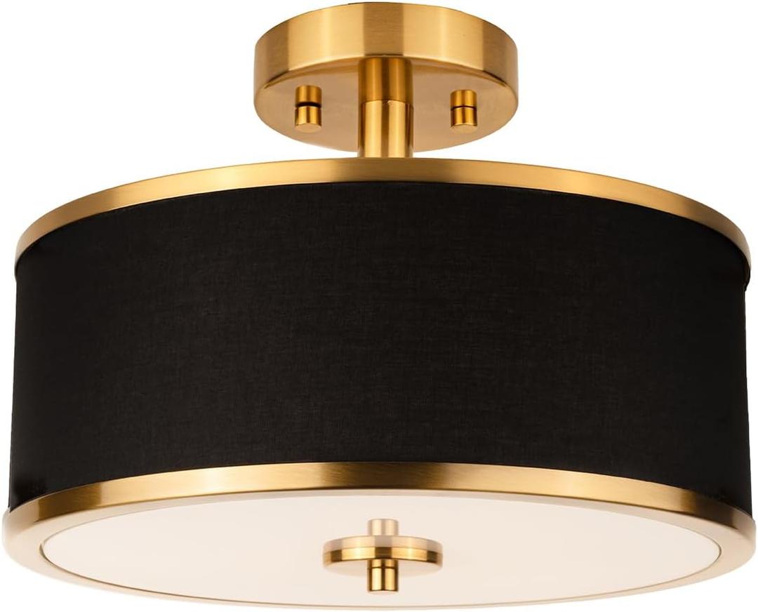 3-Light Semi Flush Mount Ceiling Light Fixture, 12.6" Gold Drum Light with Black Fabric Shade, Modern Close to Ceiling Light for Living Room Bedroom Dining Room Kitchen Hallway Entry Foyer (Brushed Gold + Black Fabric)