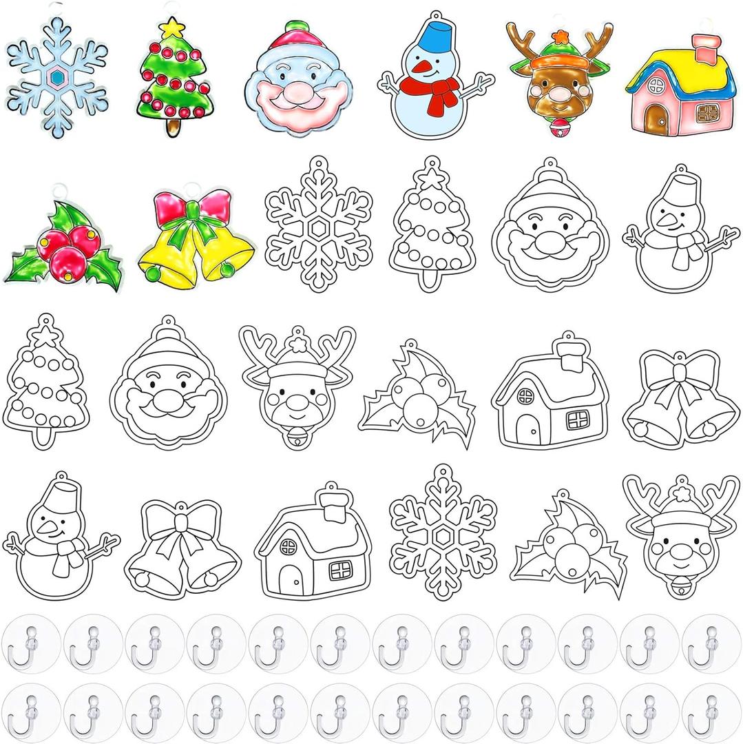 WILLBOND 24 Pieces Sun Catchers Craft Assorted Sun Catcher Kits for Art Window SunCatchers with 24 Pieces Suction Cups for Painting Crafts Christmas Home Decor Supplies