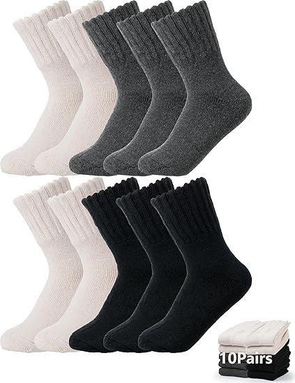 SoBomKinta 10 Pack Women's Boot Socks - Present for Wife Crew Socks - Birthday Soft Calf Sock 10 Pairs Gifts Size 5-11 3 Black 4 Beige 3 Greycks