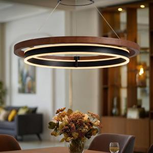 Wood Grain Finish Chandelier,24" Modern LED Chandelier with Remote Control, Farmhouse Dining Room Light Fixture Circular Chandeliers Dimmable Pendant Light for Entry Bedroom Living Room Foyer Kitchen, D 23.6" x H 86.6"