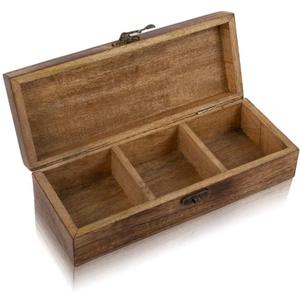 Decorative Wooden Tea Box Storage Chest Organizer Container Holder Rack With 3 Large Storage Compartments For Assorted Variety Of Loose Tea Spices & Herbs Natural Eco Friendly Vintage Rustic Tea Box
