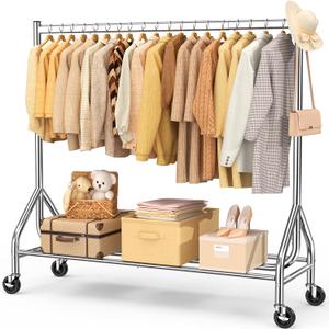 Heavy Duty Clothes Rack Load 420 LBS, Rolling Garment Rack with Lockable Wheels, Standing Metal Clothing Rack, Portable Wardrobe Sturdy Coat Rack for Hanging Clothes (Silver, 59″×18.9″×63″)
