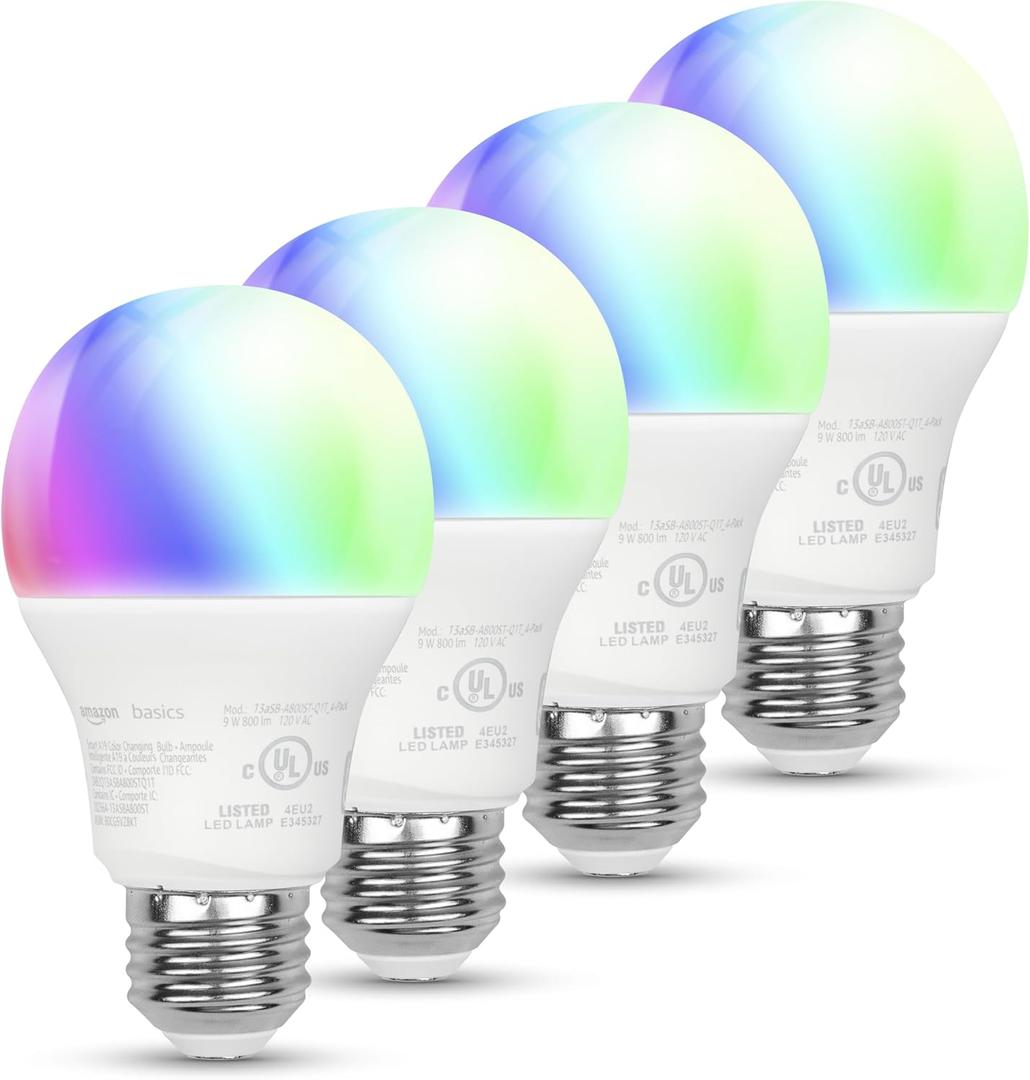 Smart A19 LED Light Bulb, Color Changing, 9W (60W Equivalent), 800LM, Works with Alexa Only, 2.4 GHz Wi-Fi, No Hub Required, 4 Pack