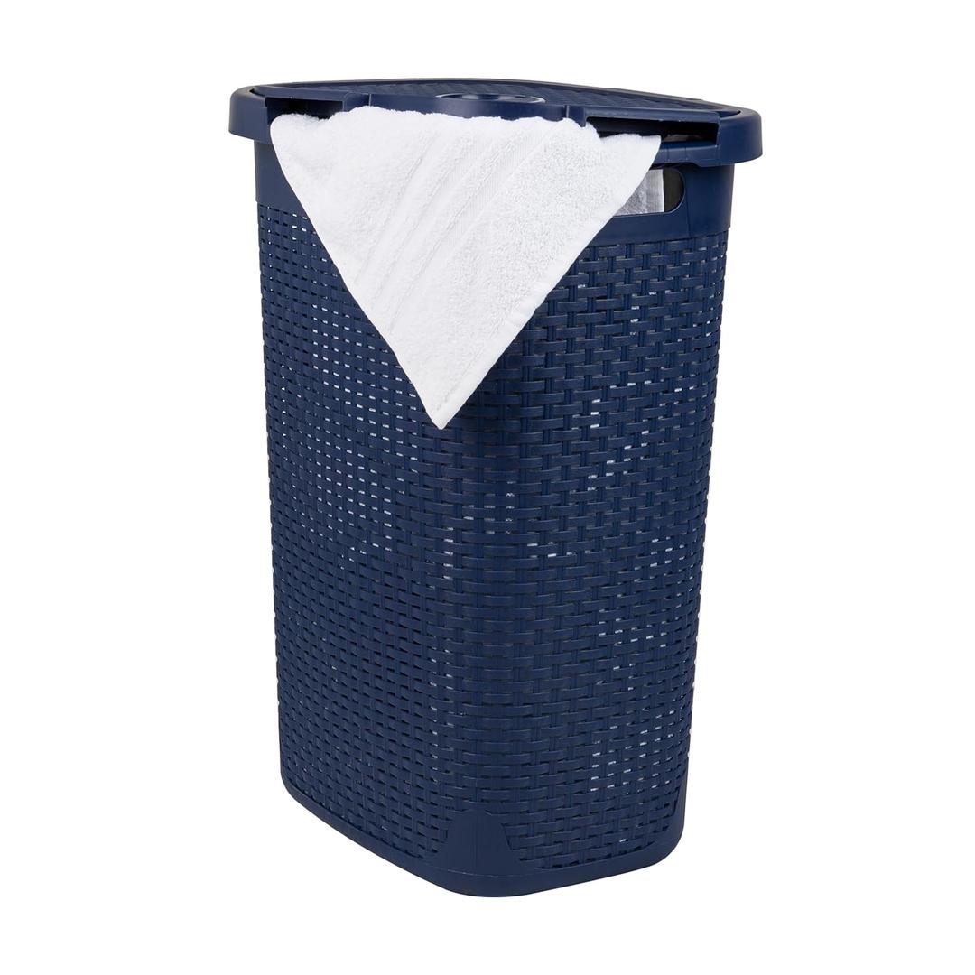 Mind Reader Slim Laundry Hamper with Lid, 60L Clothes Basket, Premium Wicker Design, Plastic, Navy