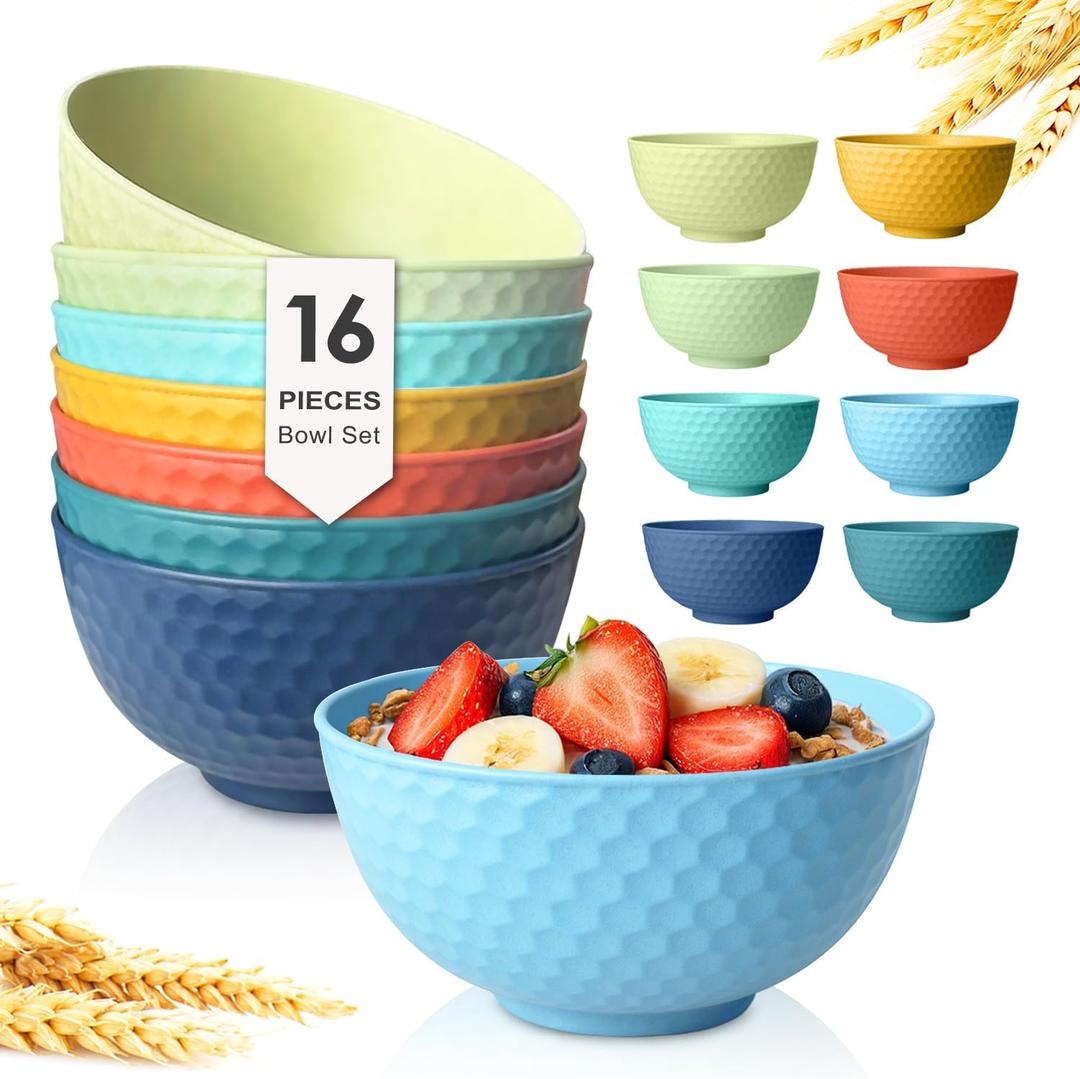 Teivio 16-Piece Cereal Bowls,26oz Wheat Straw Bowls Set, Unbreakable Durable Plastic Bowls for Kitchen, Camping, Kids Salad Snack Bowl Reusable,Dishwasher Safe, Multicolor