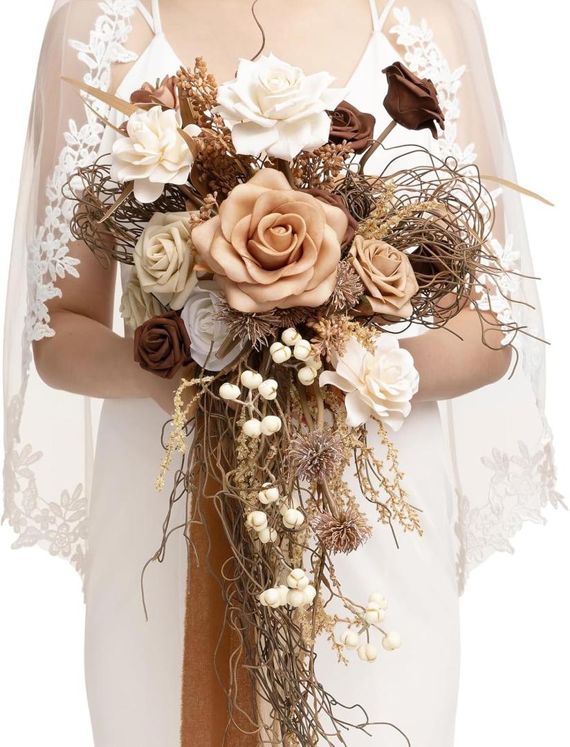 Ling's moment Beige Bridal Bouquet Cascading, Brown Boho Wedding Bouquets for Bride, 13 Inch Bride Bouquets for Wedding Artificial Flowers Bouquets for Rustic Wedding Ceremony Anniversary