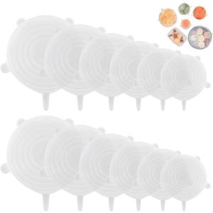 Silicone Stretch Lids  12 Pack Reusable Food Covers,Flexible Silicone for Bowls, Containers, Fruits  Airtight & Leakproof Seal for Kitchen Storage (Transparent)