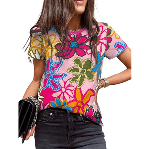 EVALESS T Shirts for Women Fashion 2024 Casual Crewneck Short Sleeve Tops Blouse, L