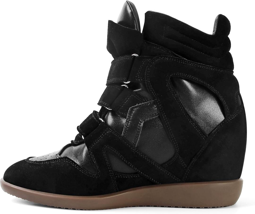 Wedge Sneakers for Women Heels Suede Hook and Loop High Heel Tennis Round Toe Triple Strappy Band Casual Vintage Fashion Dressy Comfy Campus Trendy Retro, Size 10.5