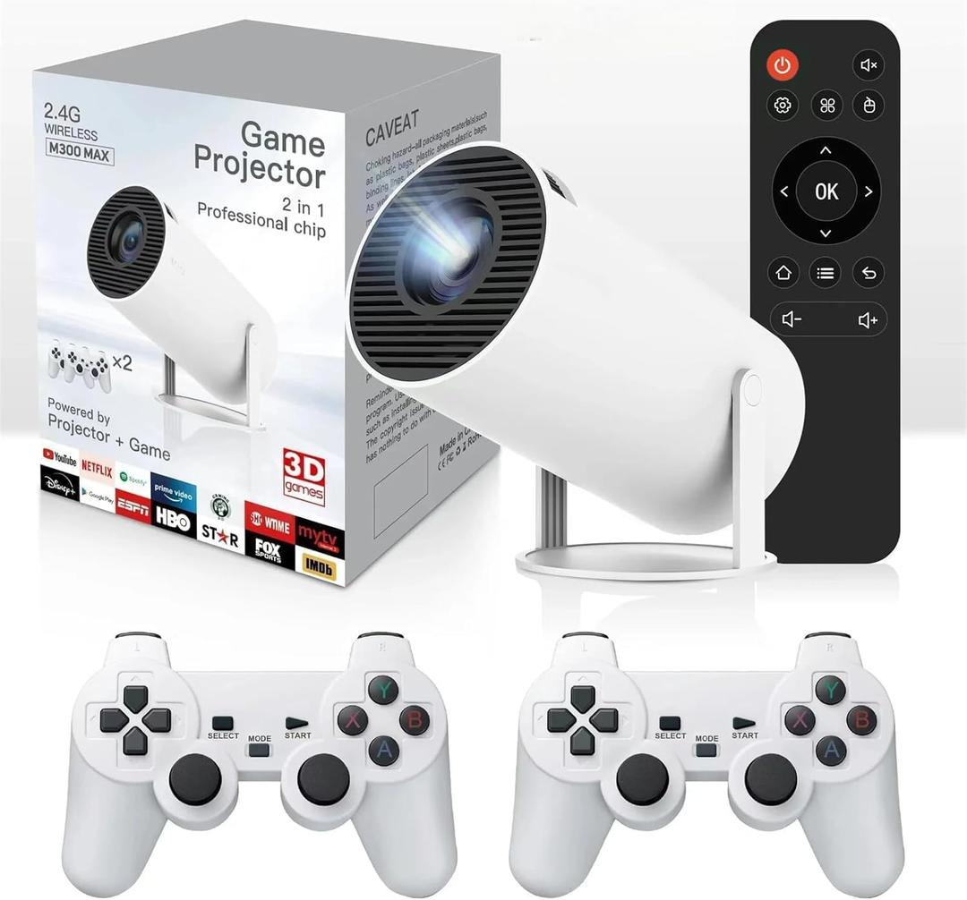 Portable Mini Game Video Projector, 30,000+ Preloaded Games, Android TV 11.0 Smart Projector, 360 ANSI, WiFi & Bluetooth, 1080P HD, Ideal for Home Theater, Gaming, Camping & Outdoor Movie.