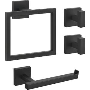 Matte Black Bathroom Hardware Set 4 Pieces, Toilet Paper Holder Set SUS304 Stainless Steel Bath Hand Towel Ring Set for Bathroom Hardware Accessories Set Wall Mounted