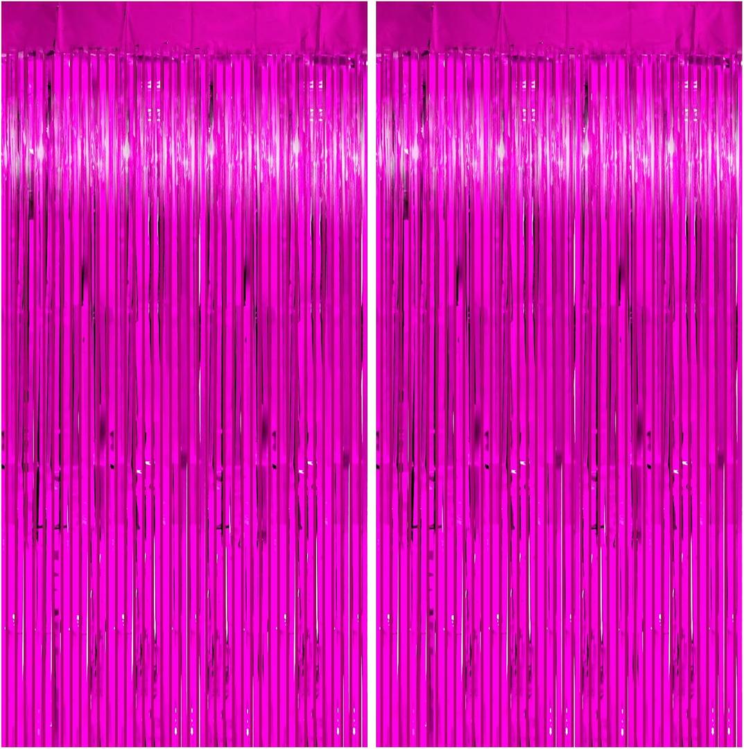 4 x Hawaiian Luau Tropical Party Decorations, Thicken Hot Pink Tinsel Backdrop Curtains Streamers 2 Pack 3.3x6.6 FT, 39.4"W x 78.7"L