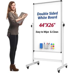 Rolling Whiteboard, 44 x 26 Double Sided Magnetic Dry Erase Board Height Adjustable Whiteboard on Wheels with Sturdy Aluminum Frame for Home Office Classroom