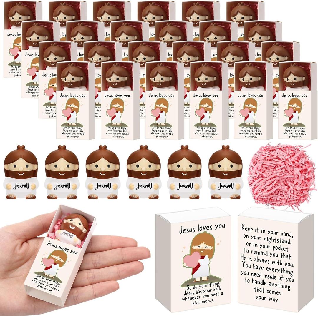 Wettarn 10 Sets Jesus Loves You Gifts Jesus Figures Stress Balls with Support Boxes for Mothers Day Christian Religious Party Favors Positive Faith Desk Decor