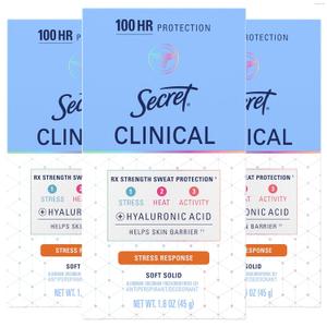 Secret Clinical Strength Antiperspirant Deodorant for Women, Stress Response, 3X Stress & 72hr Sweat & Odor Protection, PH Balancing Minerals, Soft Solid, 1.6 oz (Pack of 3)