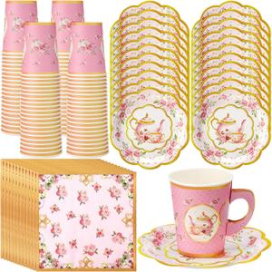 Vesici 150 Pcs Tea Party Decorations for Tables 9 oz Floral Disposable Paper Tea Cups with Handles Plates Saucers Napkins for Summer Spring Party(Teapot)