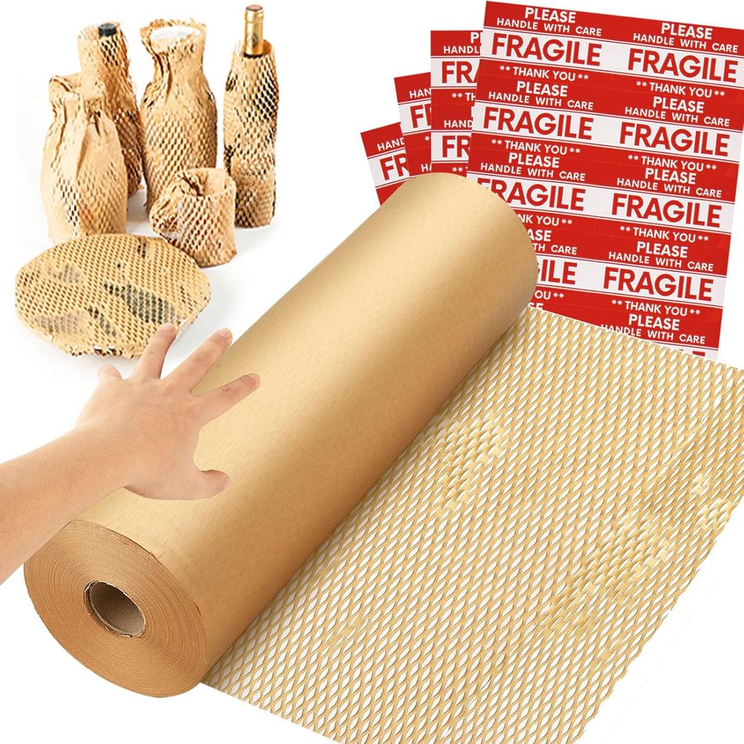 Honeycomb Packing Paper Wrap 15''x328', Substitute Alternative for Bubble Cushioning Wrap for Moving Shipping Packaging, Recyclable Moving Supplies with 48 Fragile Sticker Labels